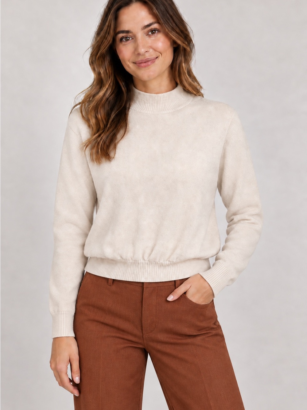Brandini Made in Italy Cream 100% Wool Mock Neck Sweater Size L - Picture 2 of 7
